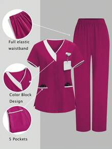 TaskEZ 2pcs White & Rose Red Splice Casual V-Neck Short Sleeve Top And Pants Uniform Set, Cleaning Service Uniform Set - Hot Pink - View 1