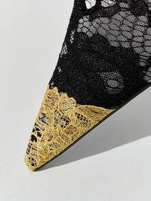 SHUZIA 女士金色装饰尖头日常浪漫时尚性感派对蕾丝细高跟穆勒鞋 - 黑色 - 查看 6