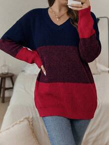 SHEIN LUNE Plus Size Color Block V-Neck Casual Pullover Sweater In Fall/Winter - Royal Blue - View 4