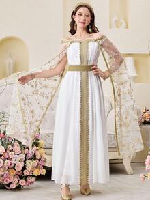 SHEIN Elegant Floral Embroidered Mesh Splice Off-Shoulder Cinched Waist White Long Robe,Summer Bridal Wedding Al-Adha Country Arabic Abaya Dress,Kids - White - View 6