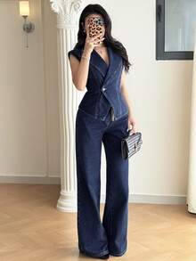 Modelyn Dammode Crossover Wrap Ärmlös Denim Jumpsuit - Mörktvätt - Visa 5
