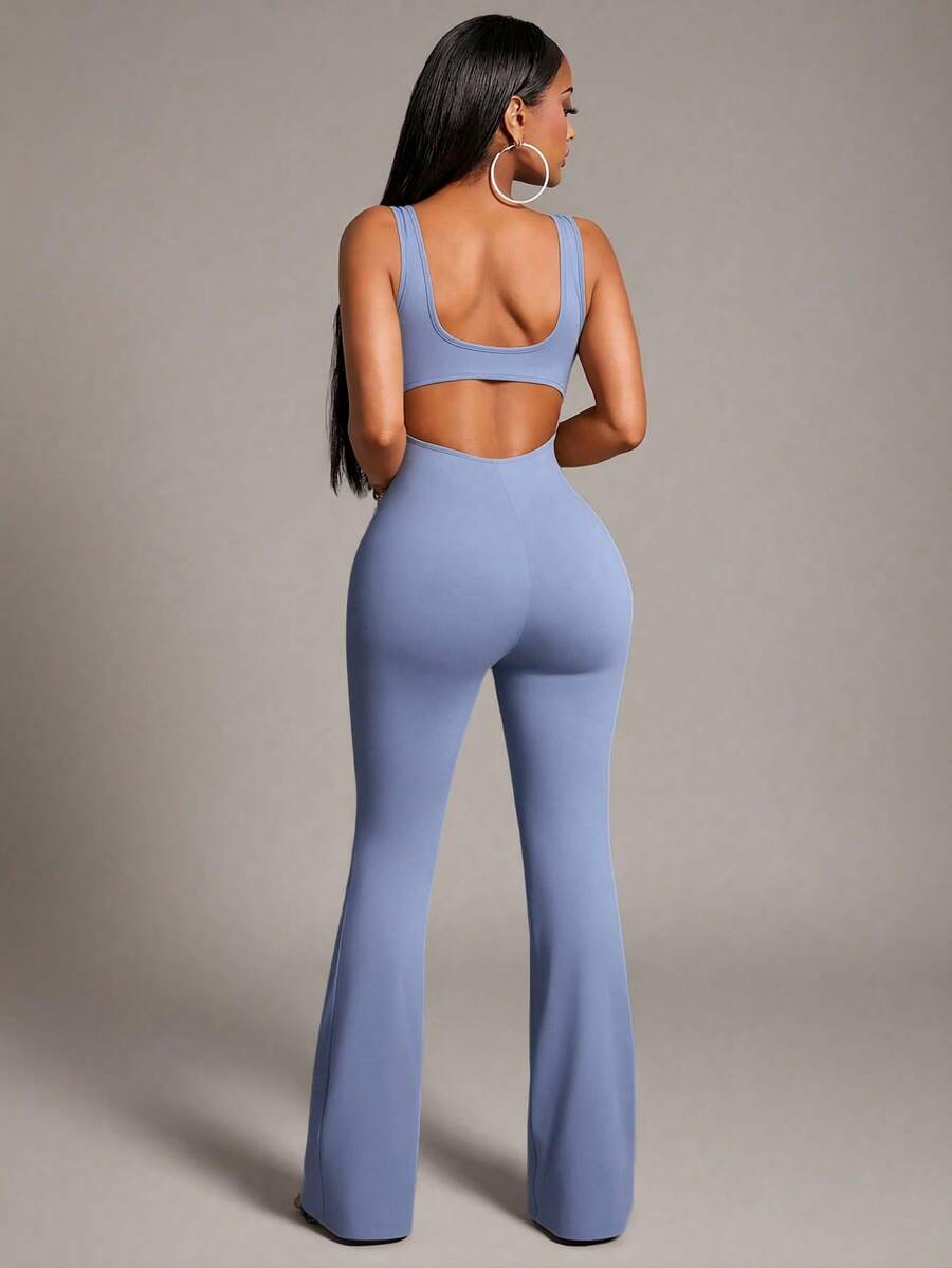 Radiana Tall Women's Backless Sleeveless Flare Jumpsuit, Hazy Blue - Dusty Blue - View 1