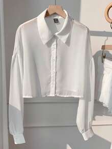 SHEIN EZwear Solid Drop Shoulder Button Front Shirt - White - View 3