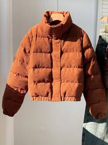 SHEIN EZwear 秋冬季按扣式灯芯绒绗缝外套 - 棕色 - 查看 4