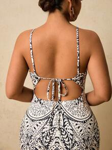 Travachic 大码女式黑白复古印花连衣裙，吊带系腰修身连衣裙，针织弹力长裙 - 黑與白 - 查看 3