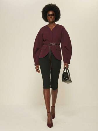 ATUI Studio Barrel Sleeve Blazer Business Commuting Belt Not Included, Minimalist Design, Casual Style, Business Leisure, Back To School Season Modern City, Casual Fashion, Women's Office Clothes Low-Key Retro Style Relaxed Temperament High-End, High-Quality Airport For Urban Commuting,Burgundy Coat