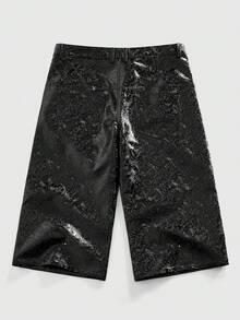 ROMWE MEN Street Life 男士PU纹理阔腿宽松休闲短裤 - 黑色 - 查看 9