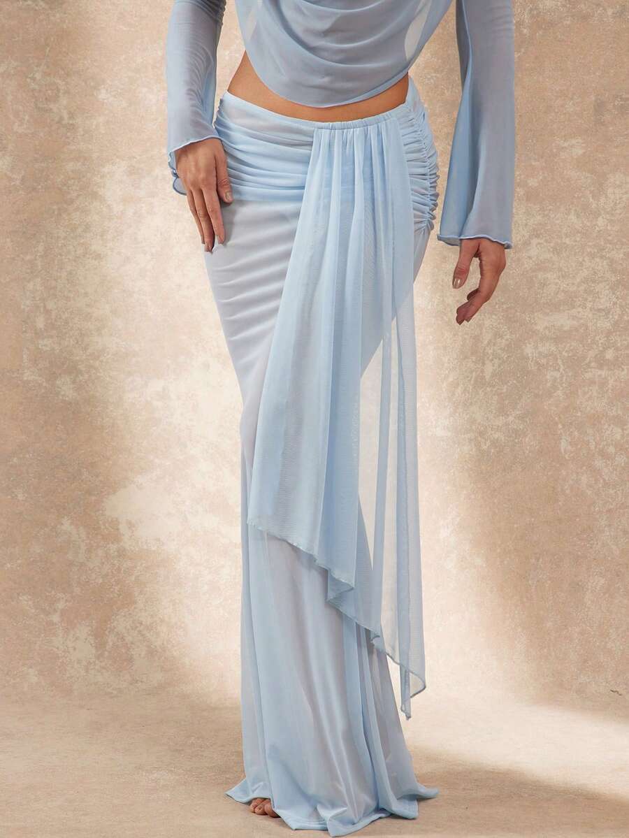 Lumalex Váy che nắng đi biển gợi cảm, chất liệu chiffon màu xanh nhạt, thiết kế bất đối xứng, xếp ly bên hông và rủ xuống phía trước, có chi tiết bèo nhún mềm mại ở eo, xuyên thấu, thích hợp cho du lịch biển, mùa xuân hè.