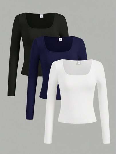 Girlism 3 st/set tonårsflickor rund hals långärmade enfärgade stickade t-shirts, höst/vinter