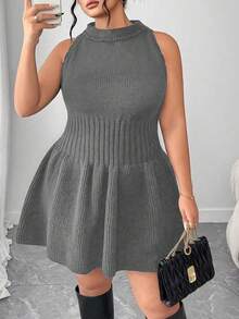 Elenzga Plus Size Women Autumn/Winter Knitted Sleeveless Dress With Ruffle Hem, Solid Color Sweater Dress - Dark Grey - View 7