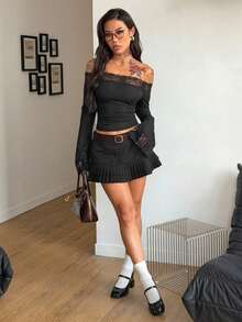 Coolane Women's Spring Streetwear Chic Y2K Daily Wear Casual Party Date Night Lace Patchwork Off The Shoulder Flare Long Sleeve T-Shirt - Black - View 4