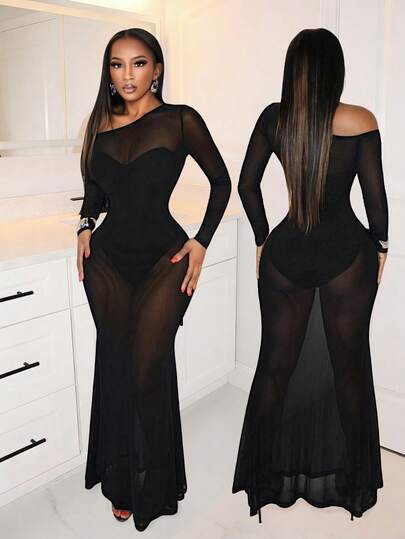 SHEIN BamGlam El nuevo estilo de vestido largo transparente y sexy con hombros descubiertos y cola de pez para mujeres. Exuda un sentido de sensualidad y atractivo. Es adecuado para discotecas, citas y también es una gran opción para reuniones de parejas y uso casual.