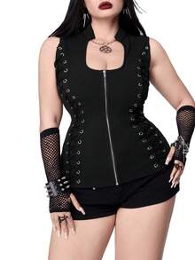 Whyspr 加大码黑色无袖短款衬衫，饰有吊带，修身朋克街头风，前拉链设计 - 黑色 - 查看 3