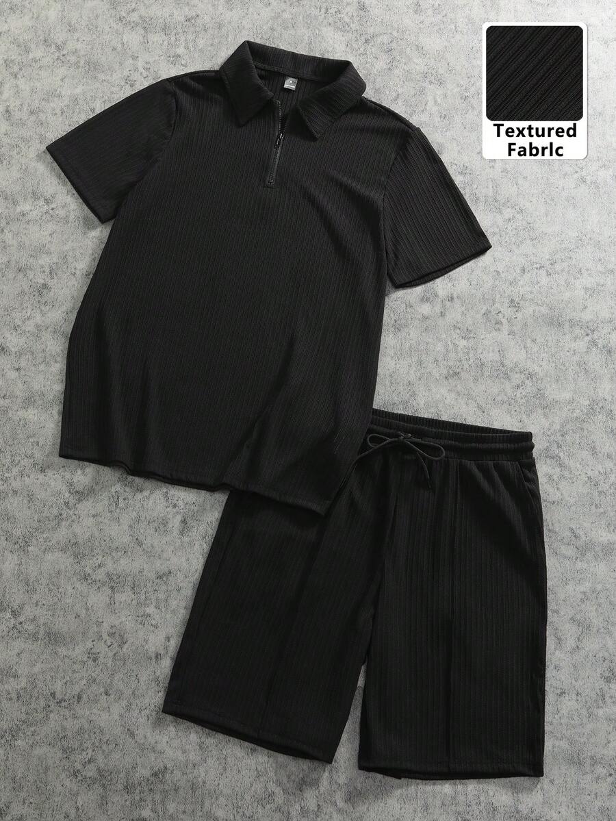 Manfinity Homme Men's Elegant Black Ribbed Fabric Short Sleeve Zip-Up Polo Shirt And Drawstring Elastic Waist Shorts 2-Piece Set, Suitable For Dates, Casual Vacations, Dining, Office, Business, Popular Spring/Summer Style, Great For Self-Wear Or Gift - Black - View 1