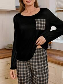 Doze Lane 经典格子圆领长袖长裤女士休闲睡衣套装 - 黑色 - 查看 4
