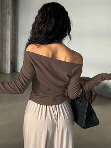 DAZY Women's Casual Solid Color One-Shoulder T-Shirt Spring - Rust Brown - View 3