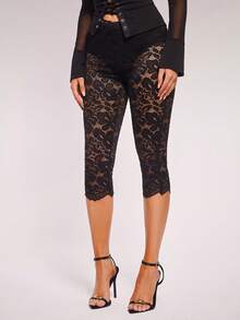 Radiana Women's Sexy Elegant Distinctive Black Lace Leggings, Fashionable Sexy 3/4 Length Skinny Pants, Lace 3/4 Leggings, Black 3/4 Pants, Black Sheer Leggings - Black - View 4