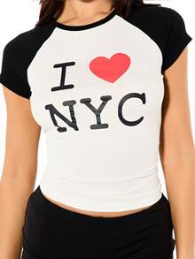 SUMWON WOMEN 撞色插肩袖印花T恤，饰有纽约心形图案，短袖纯棉棒球衫款式，露脐上衣，情人节必备 - 白色 - 查看 5