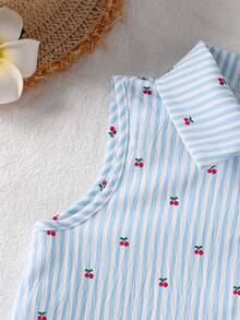 SHEIN 女童粉色条纹无袖不对称衬衫，后背饰有蝴蝶结，适合上学、休闲和各种外出场合。 - 藍色 - 查看 5