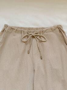 SHEIN EZwear Linen Drawstring Waist Slant Pocket Wide Leg Pants - Apricot - View 7