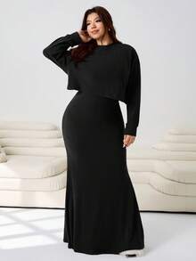 Solflare 一套加大码女式黑色落肩长袖毛衣和无袖针织连衣裙，秋冬季 - 黑色 - 查看 2