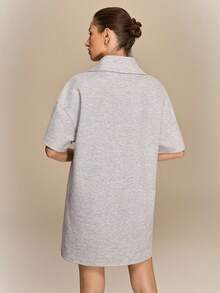 Hanevo Spring/Summer New Casual Elegant Fashion Vacation Lightweight Outdoor Sports Loose Commute Dropped Shoulder Half Sleeve Short Cropped H-Line High Collar Knit Women Mini Dress - Grey - View 2