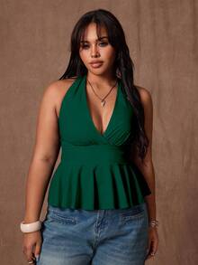 Rustia 大码女士露背吊带休闲上衣 - 墨綠色 - 查看 5