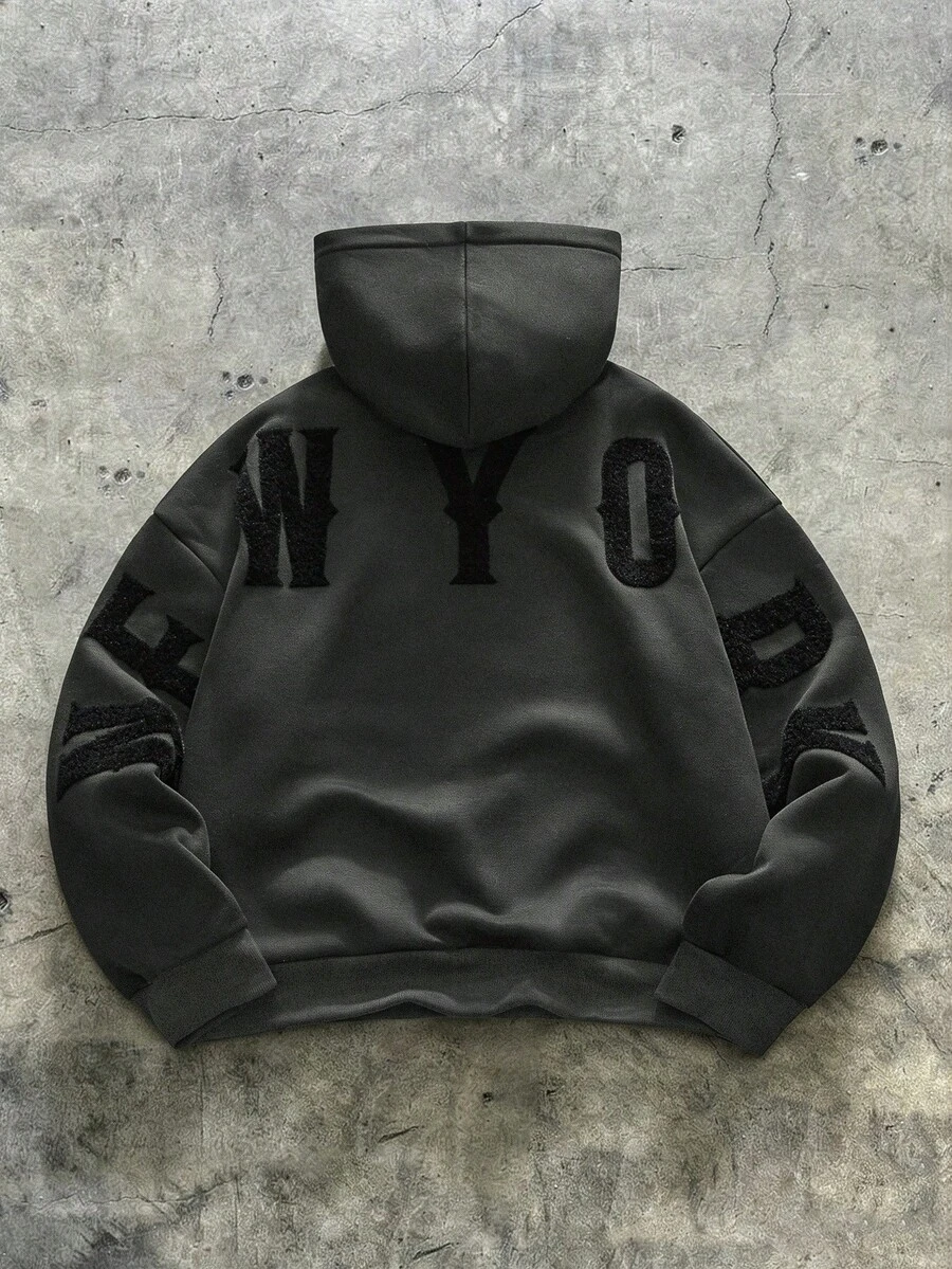 AXEPEAK 男士秋冬连帽卫衣 时尚字母毛巾刺绣宽松版上衣 - 深灰色 - 查看 1