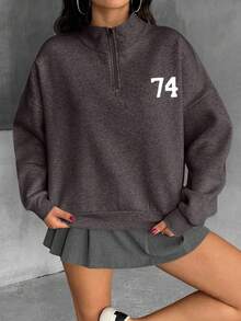 74 Chest Embroidered Snow Melange Zipper Detailed Sweatshirt