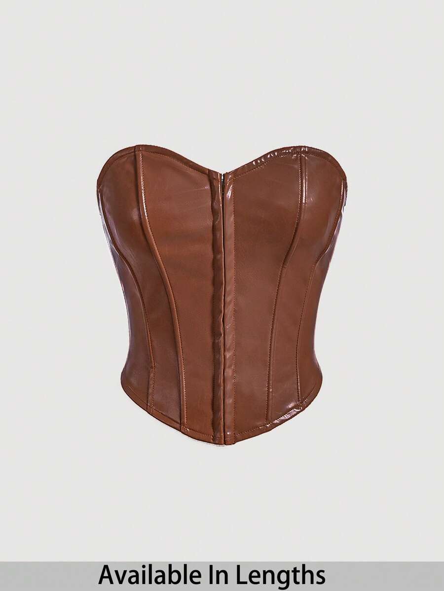 SHEIN Tall CURVE Áo ống đen chất liệu da PU trang trí nút bấm phía trước cỡ lớn - màu nâu - Xem 1