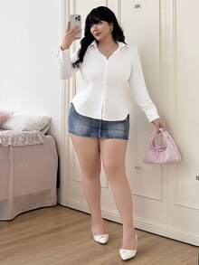 CovetEZ Plus Size White Bandage Button Shirt, Spring/Summer - White - View 5