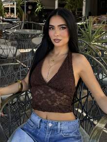 AfricaSnchz 露背 V 领弹力性感可爱蕾丝夏季女式波西米亚风露背上衣，演唱会女装，女式街头服饰，狂欢 - 咖啡棕 - 查看 1