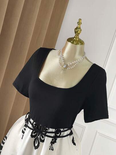 Rometta Color Block Elegant Printed Tie-Up Dress Victorian Dresses For Woman Victorian Vintage Style Dress Tea Party Dress French Style Dress Ladies Church Dress