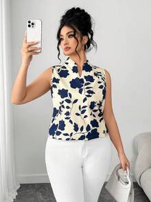 Elenzga Plus Size Women Floral Print V-Neck Sleeveless Blouse - Apricot - View 1