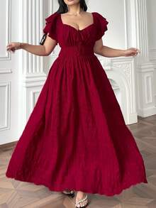 Vibekara Plus Size Sweetheart Neck Drawstring Ruffle Hem Elastic Waist Long Dress, Spring And Summer - Burgundy - View 3