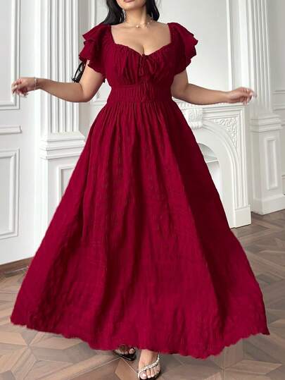 Vibekara Plus Size Sweetheart Neck Drawstring Ruffle Hem Elastic Waist A-Line Long Dress, Spring And Summer, Modest