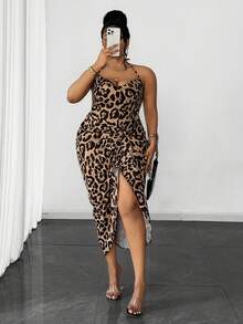 Maweii Plus Size Women Leopard Print Ruched Slit Hem Sexy Halter Neck Dress - Multicolor - View 5