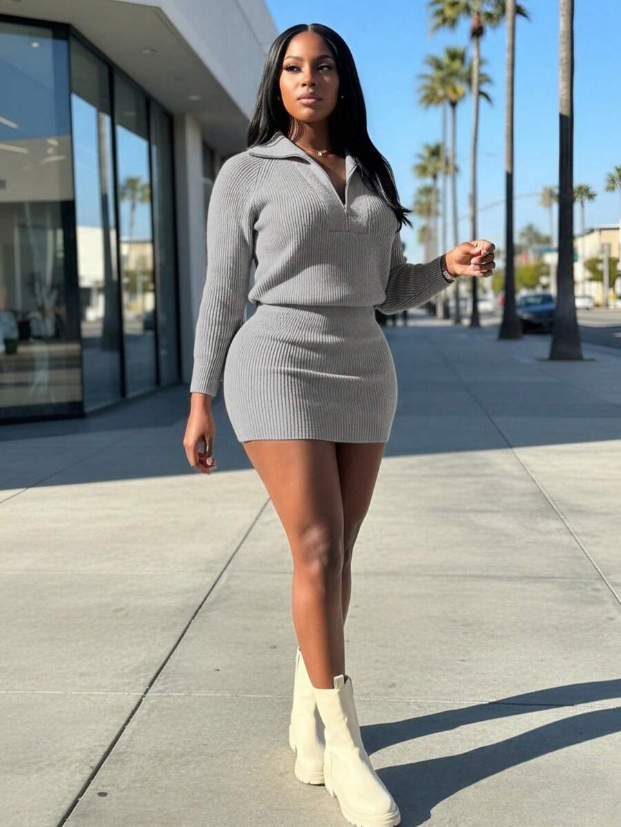 BamGleam Women's Two-Piece Sweater Set,Gray Knit Long-Sleeved Collared Half-Zip Sweater & Pencil Skirt,Elegant Slim Fit Casual Everyday Autumn Outfit - Grey - View 1