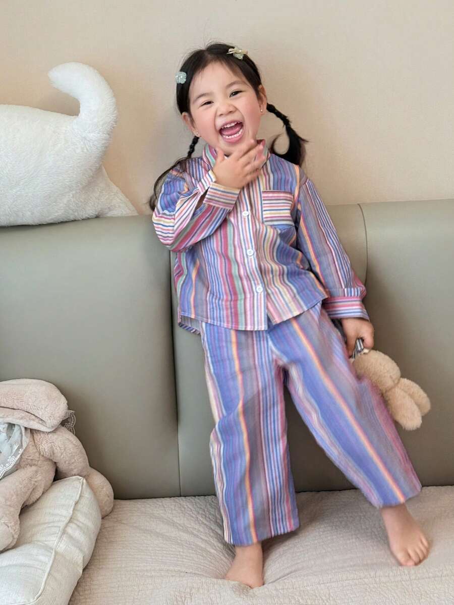 DAZY 2件套幼儿女童休闲圆领T恤和条纹裤舒适睡衣 - 彩色 - 查看 1