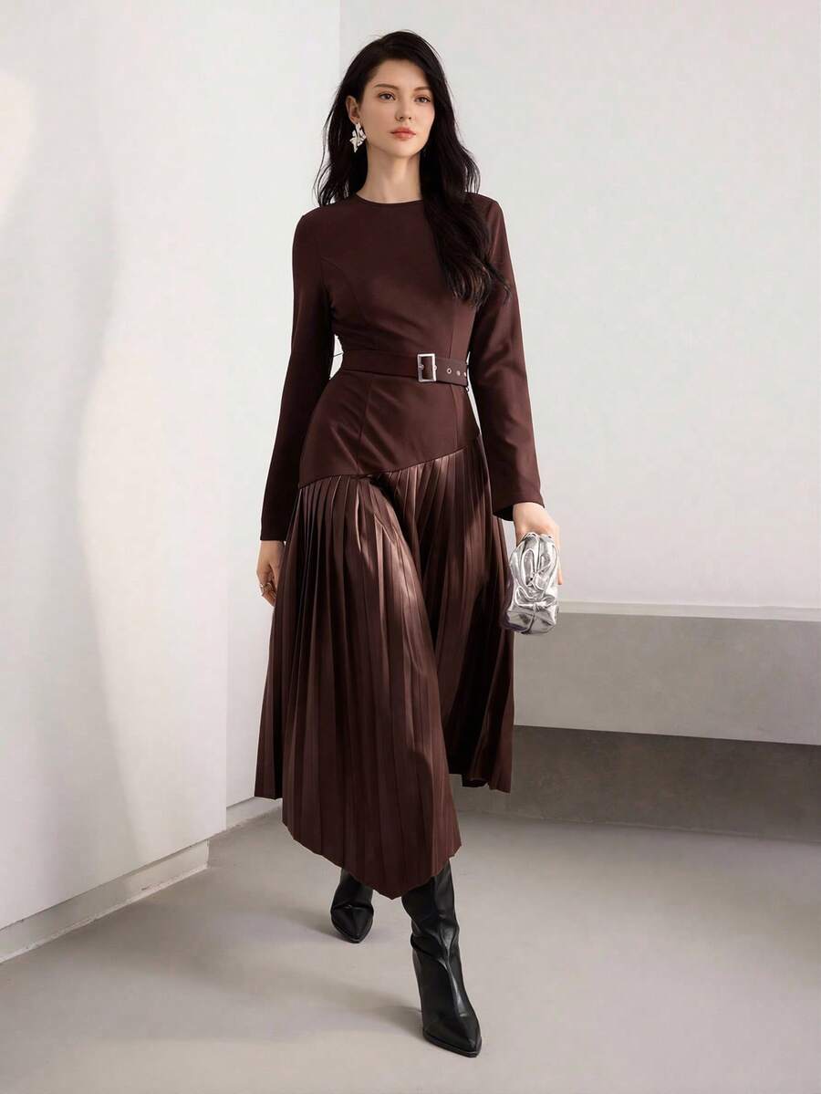 Heiryn Vestido plisado de patchwork que estiliza la cintura, al estilo coreano, para uso diario en otoño/invierno - Café integral - Ver 1