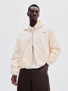 Áo hoodie dáng rộng màu kem SUMWON có khóa kéo, mũ trùm đầu có dây rút và túi giữa, thích hợp cho phong cách đường phố mùa đông thường ngày. - Màu vàng - Xem 3