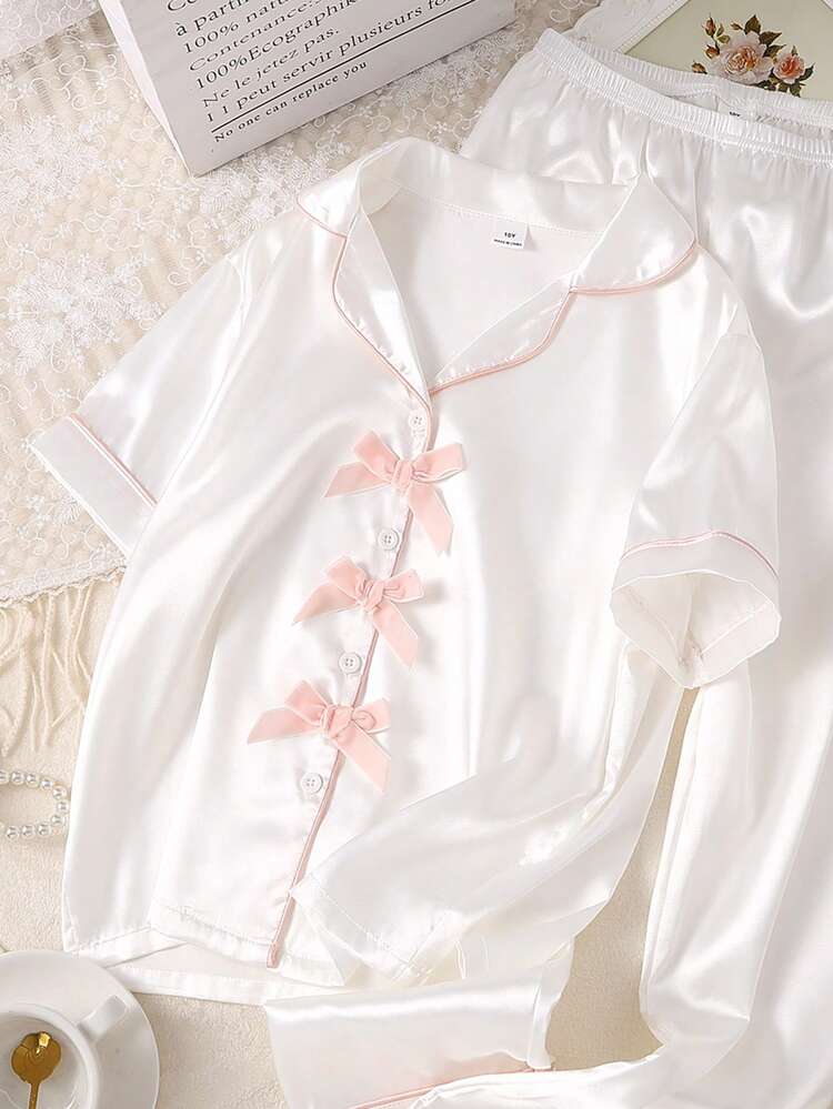 Set di cardigan e pantaloni in tessuto di seta sintetica per ragazze, beige con bordi rosa, abbigliamento da relax - Bianco - Visualizzare 8