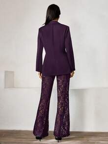 Islaluna Women's Elegant Loose Double-Breasted Long Sleeve Blazer Jacket And Flared Lace Pants Set, Spring/Autumn - Purple - View 2