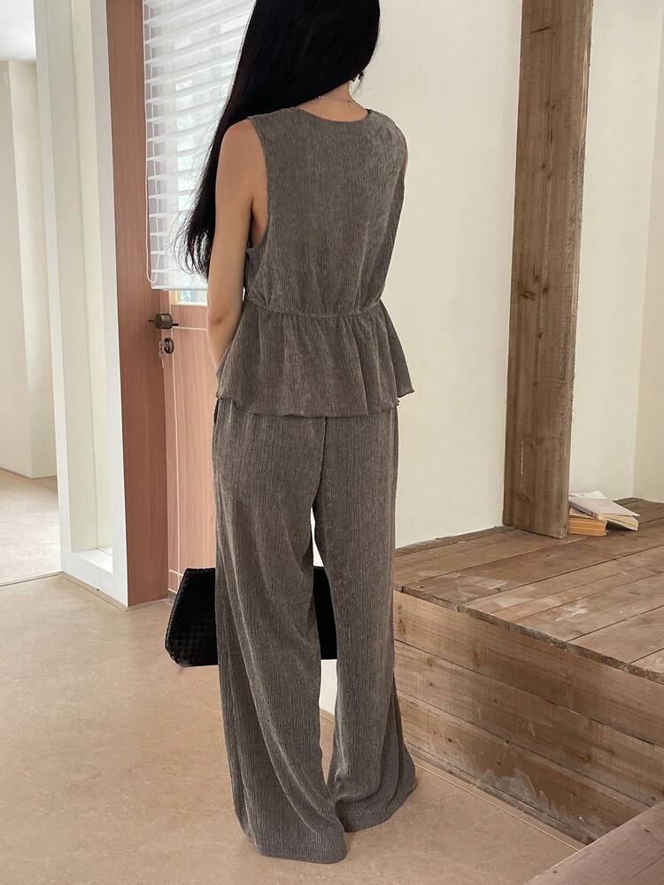 Women's Solid Color Minimalist Sleeveless Top And Pants 2 Pieces Set, Casual Everyday Wear