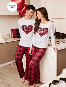 CoupledUp 男士两件套心形格子睡衣套装，情侣家居服 - 彩色 - 查看 5