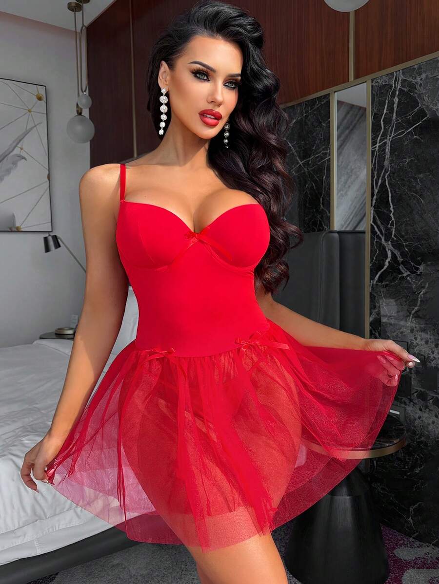 Spicy Aura 2pcs/Set Valentine's Day Lace Bra & Garter Dress Set With Underwire For Women - Red - View 1
