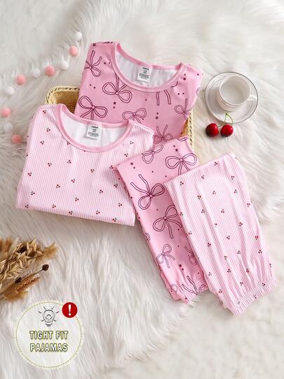 Girls' Cute Casual Pink Striped Cherry & Bow Print Short Sleeve Tight Pajama Set