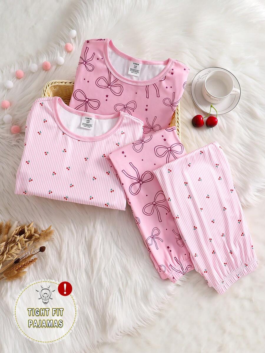 Conjunto de pijama ajustado de manga corta con estampado de cerezas y lazos a rayas rosas para niñas, de estilo casual y lindo - Rosa - Ver 1