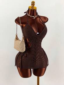 Amplova Women's Crochet Beaded Dress, Sexy And Avant-Garde, Suitable For Vacation Outfit, Sexy Hollow Boho Style - Brown - View 5