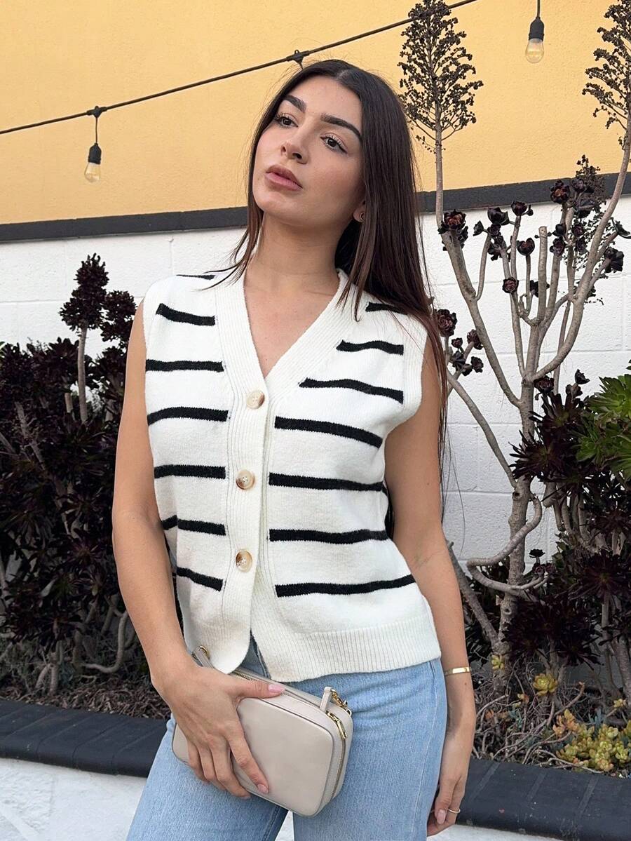 Andrea Bello Damen lässige gestreifte Strickweste, Frühling/Sommer, ärmellose Tops, gestreifte Tops, dünne Pullover, weiße Bordüre, lässig für den Alltag, kann allein oder darunter im Herbst/Winter getragen werden - Verschiedenfarbig - Übersicht 1